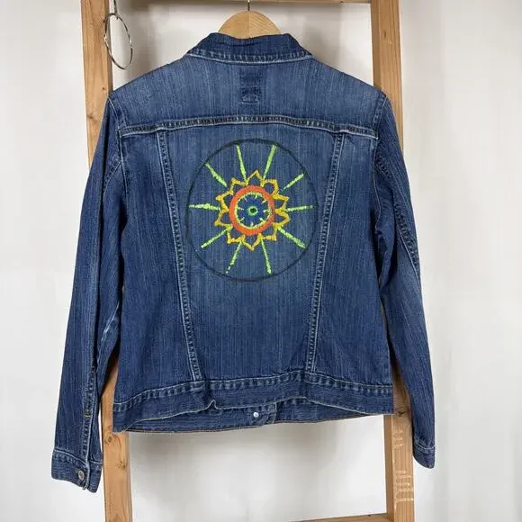 Vintage Y2K Gap Denim Button Up Painted Flower On Back Jean Jacket #1246 SZ LG - Picture 3 of 5